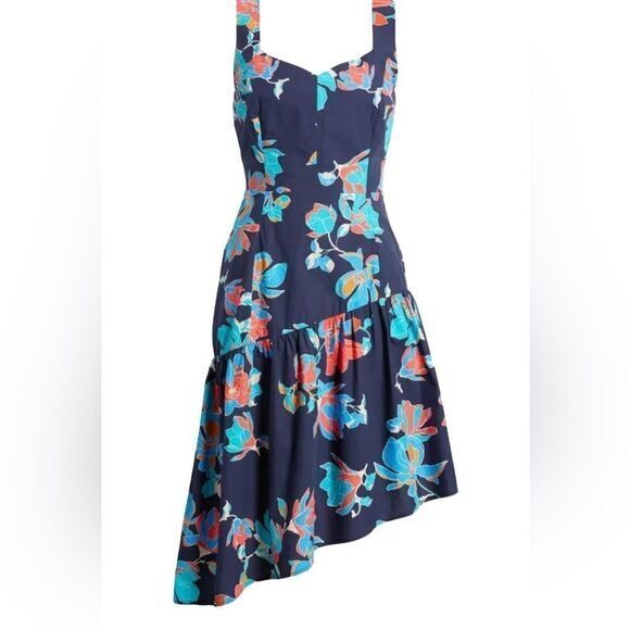 DU PARADIS Summer Night DRESS Sz SMALL FLORAL Asymmetric 50s Tropical Midi NWT - Picture 4 of 15